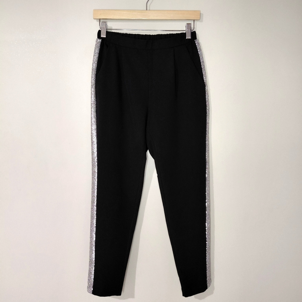 Imperial Black XSmall Joggers with Silver Sequins Trim Trousers Ankle Pants NWT